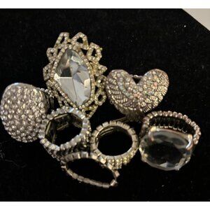 Lot Of 7 Vintage Stretch Rings With Sparkling Rhinestones & Unique Designs